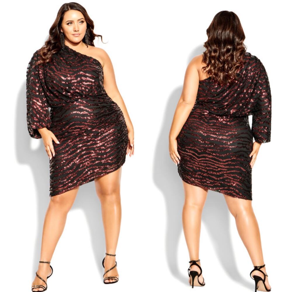 City Chic Sequin Stripe Dress in Ruby Plus Size 22